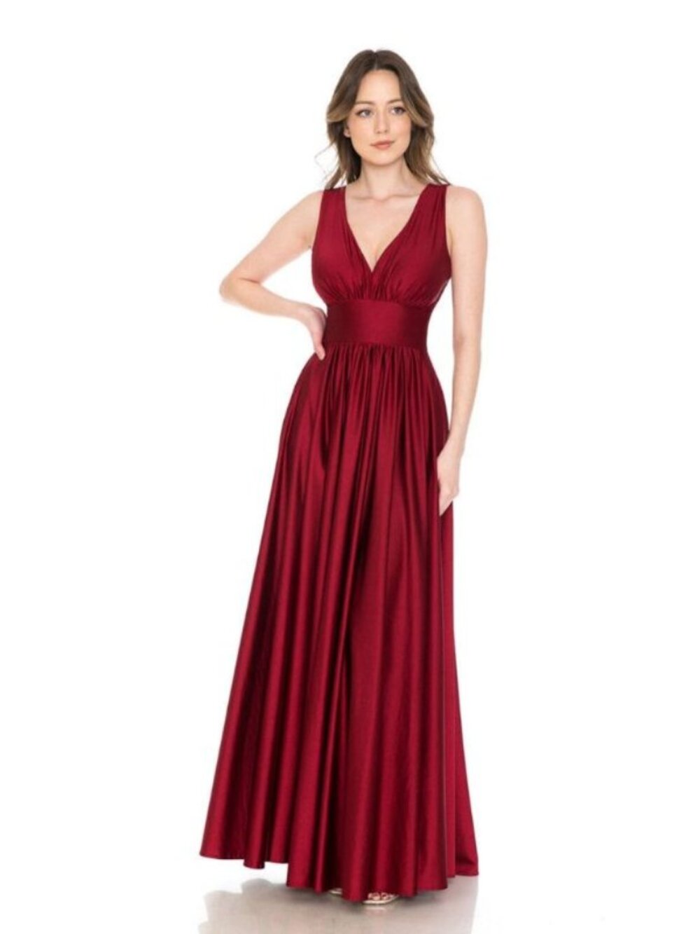Clearance Burgundy Sleeveless Flared Simple Side Pocket Bridesmaids Dress 5232